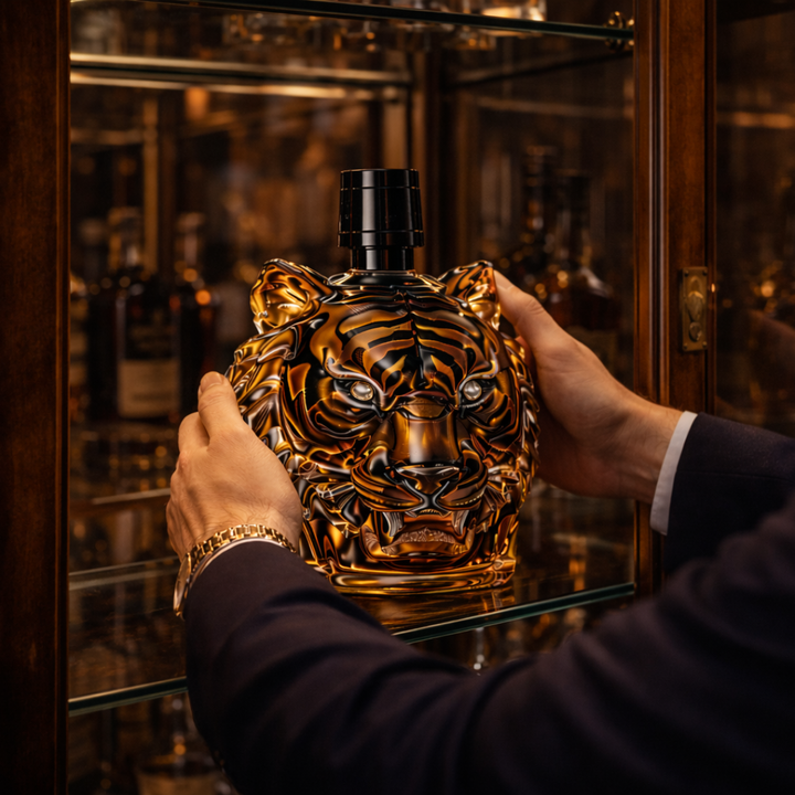 Veda Bremen Tiger Edition whisky bottle with bold tiger design label, standing upright on a wooden surface.
