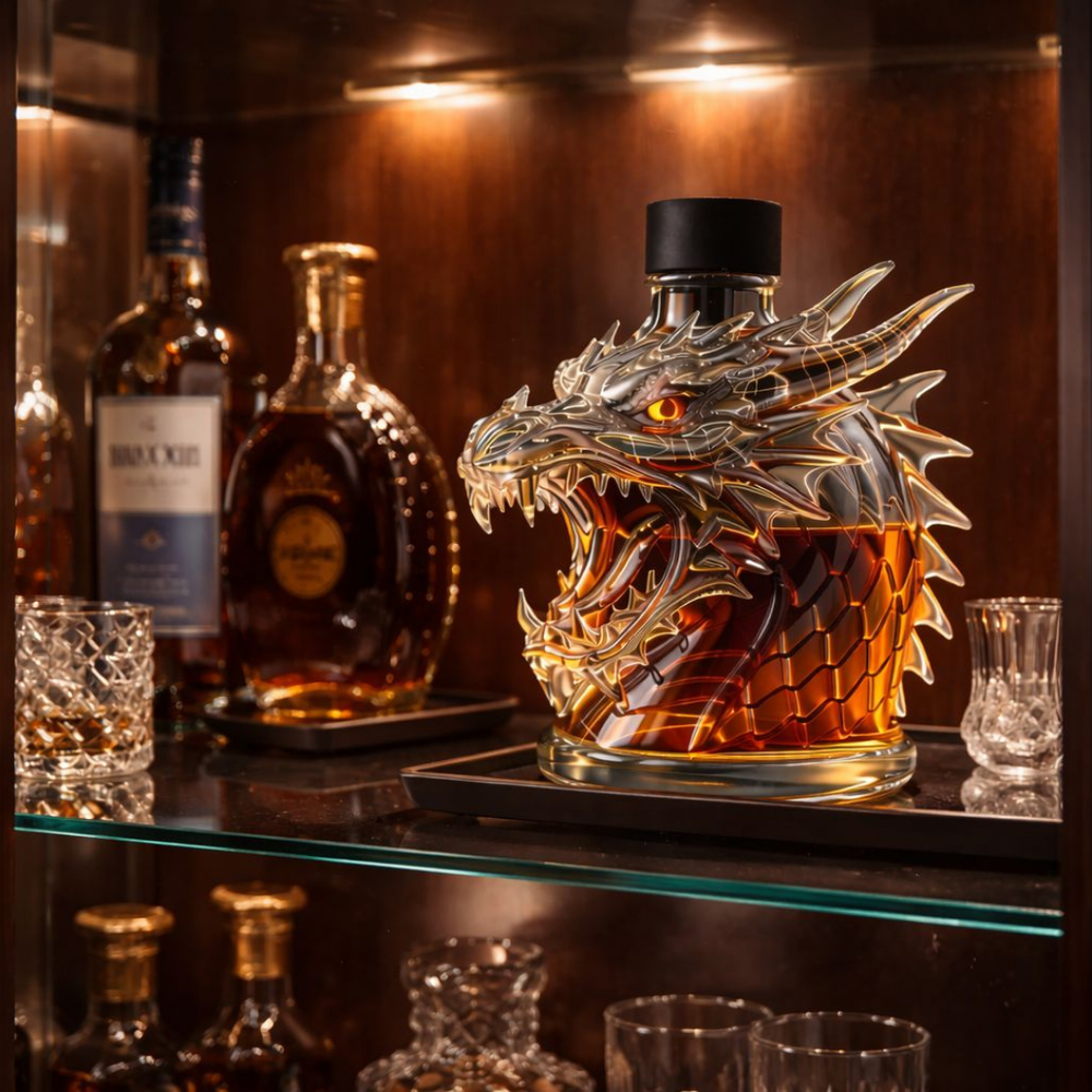 Veda Bremen Whisky Flasche Drachen Edition with dragon-themed design, elegant glass bottle on a neutral background.