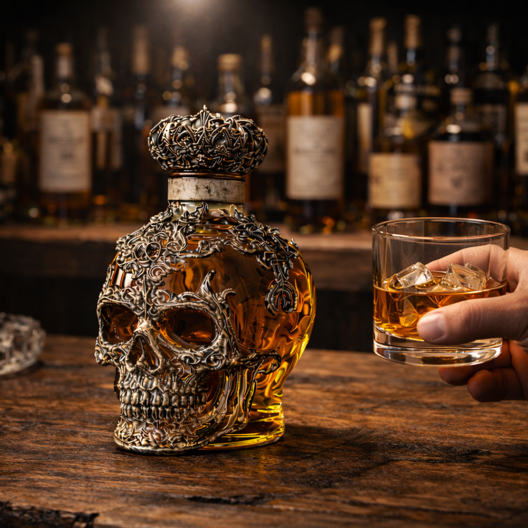 Veda Bremen Whisky Flasche with Totenschädel skull design, featuring a detailed skull motif on a sleek glass bottle.
