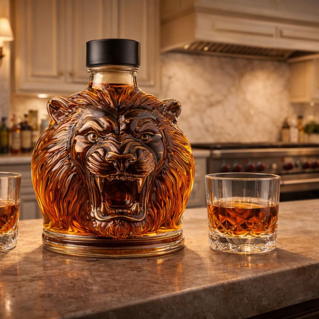 Veda Bremen Löwen Edition whisky bottle with detailed lion artwork on the label, elegant glass bottle for collectors.