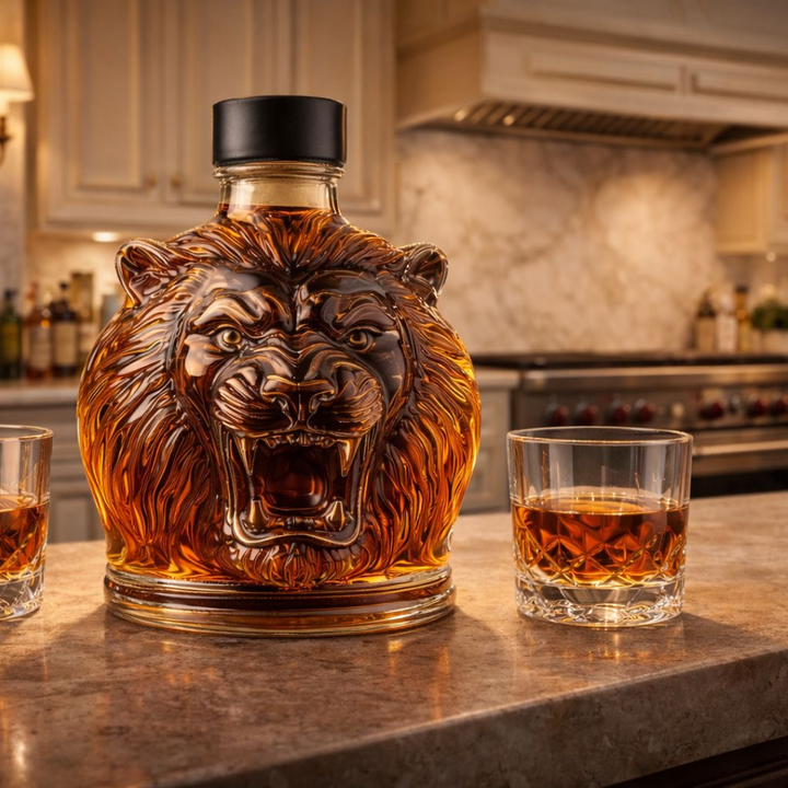 Veda Bremen Löwen Edition whisky bottle with detailed lion artwork on the label, elegant glass bottle for collectors.