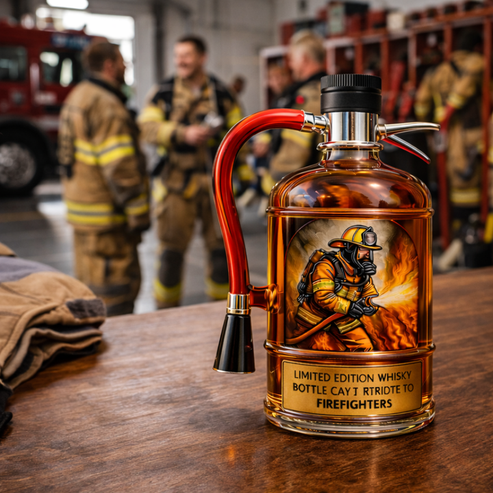 Veda Bremen whisky bottle in Feuerlöscher edition, featuring a fire extinguisher-inspired design and label on a clear glass bottle.
