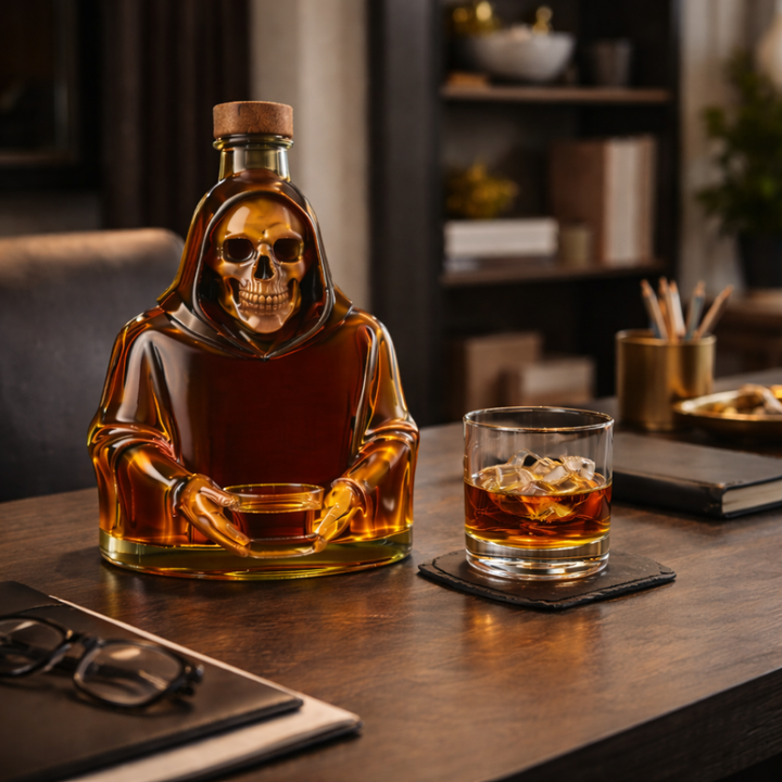 Veda Bremen Death Edition whisky bottle with dark, artistic label featuring death-themed artwork on a clear glass bottle.