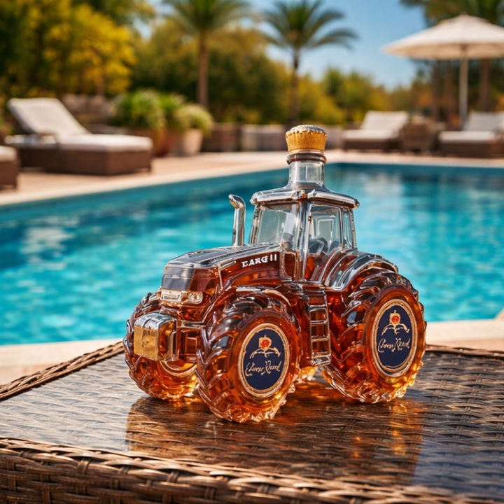 Veda Bremen Whisky Flasche Traktor Sonderedition with detailed tractor illustration on a clear glass bottle.