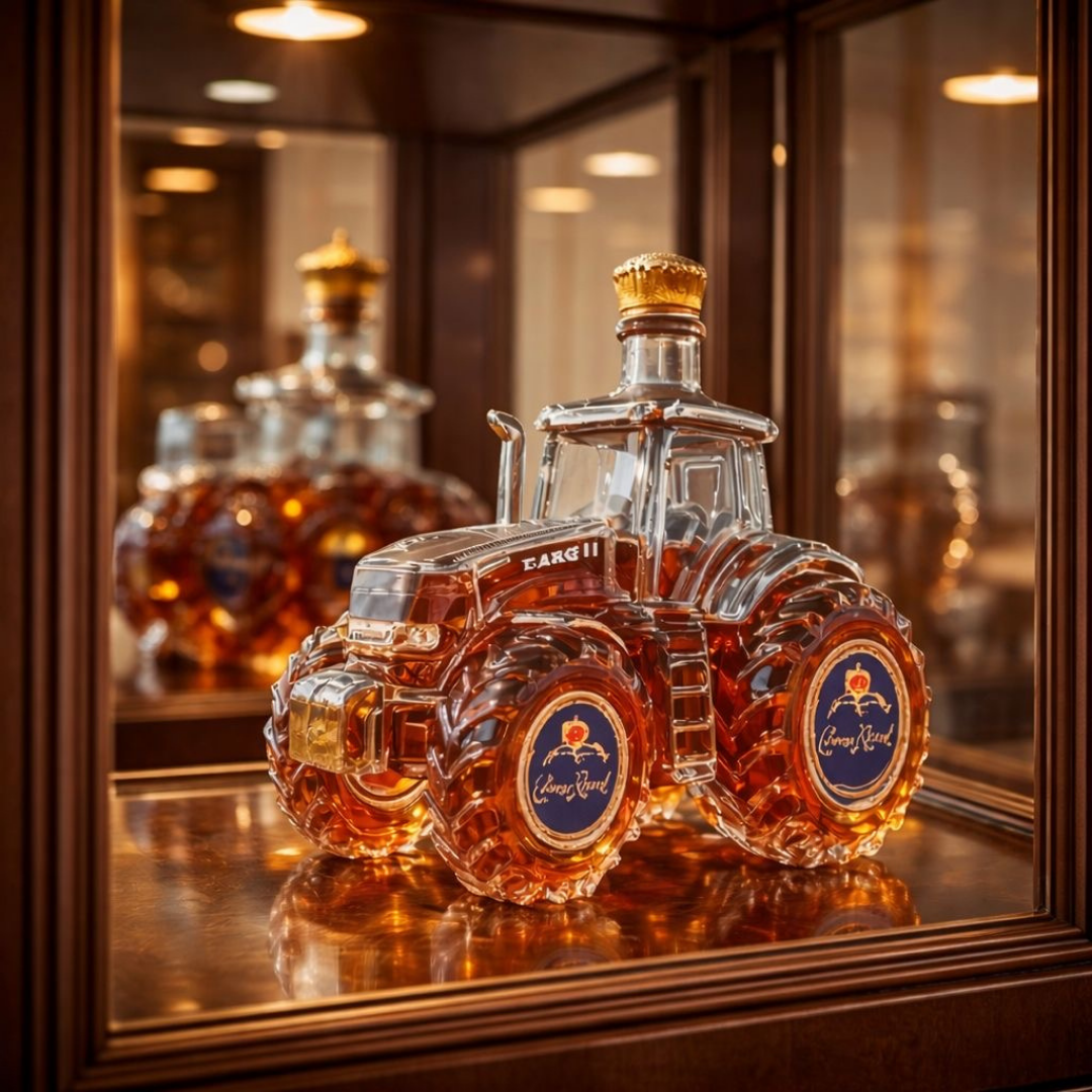 Veda Bremen whisky bottle featuring a tractor design in a special edition, with detailed tractor illustration on the label.