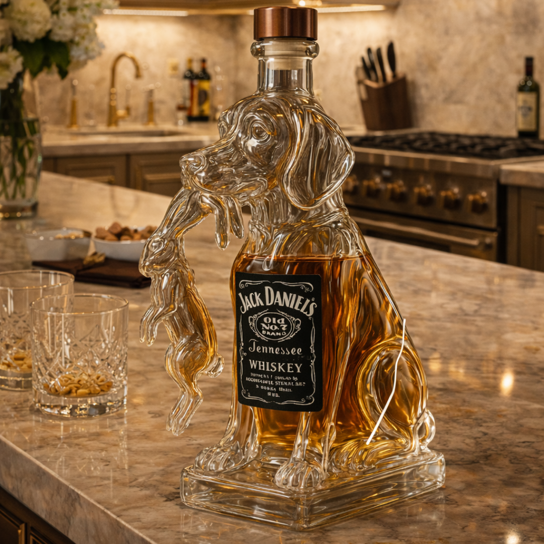 Veda Bremen Whisky Flasche Hunde Edition with colorful dog illustrations on a sleek glass bottle.