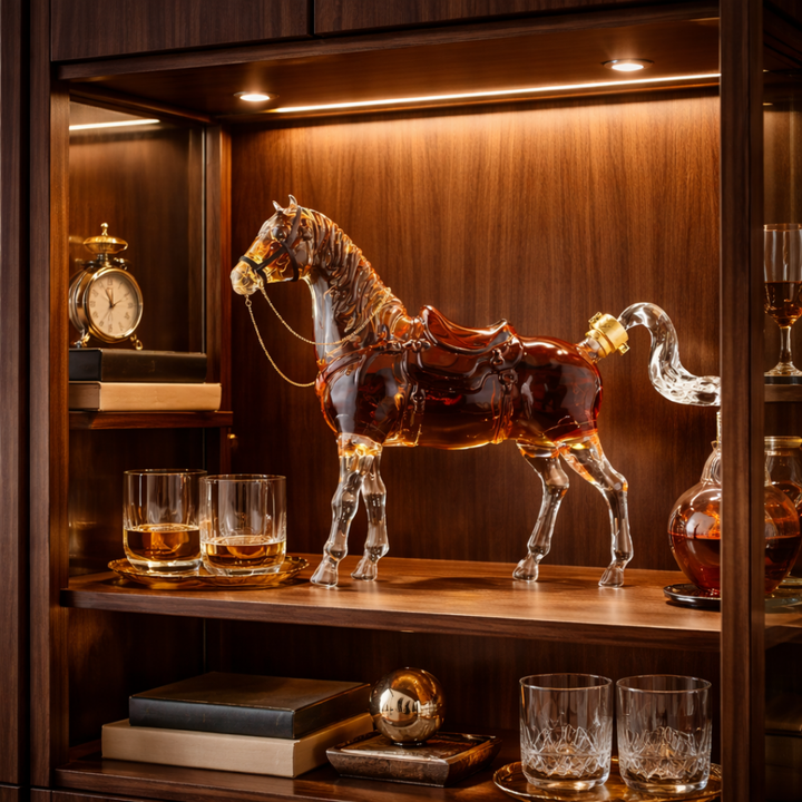 Veda Bremen Whisky Flasche Pferde Edition with horse-themed label, elegant glass bottle showcasing detailed artwork.