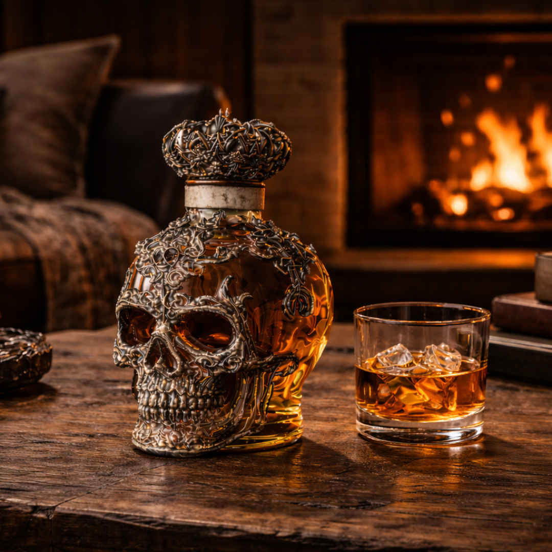 Veda Bremen whisky bottle featuring a Totenschädel skull design, dark glass with intricate skull artwork on the label.