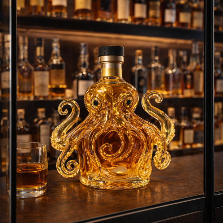 Veda Bremen Whisky Flasche Oktopus Edition with detailed octopus illustration on clear glass bottle.