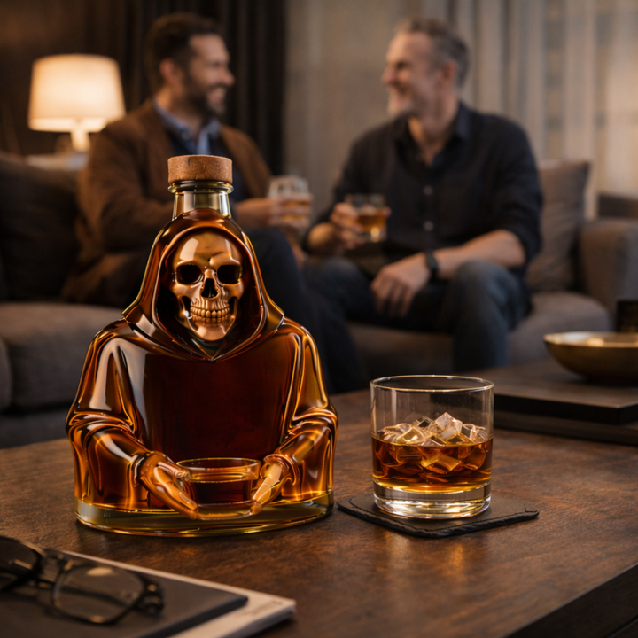 Veda Bremen Death Edition whisky bottle with dark, artistic label design, featuring a skull and gothic imagery on the bottle.