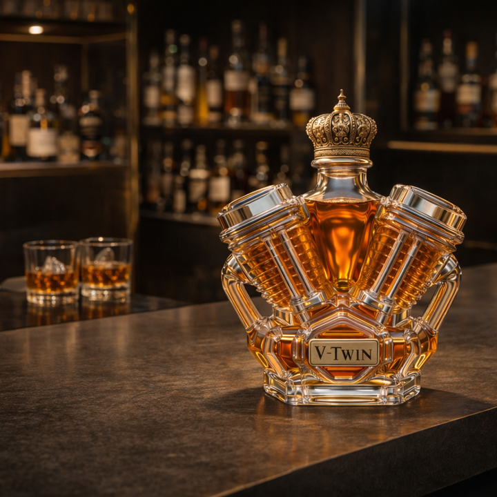 Veda Bremen Whisky Flachmann Edition V8 in sleek stainless steel with engraved V8 logo and compact design for on-the-go use.