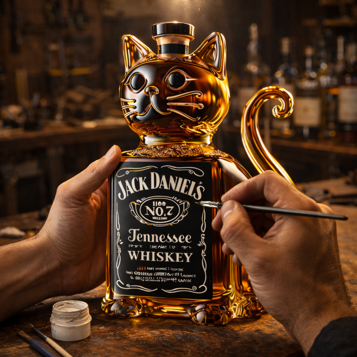 Veda Bremen Katzen Edition whisky bottle, clear glass with cat-themed label, on a wooden surface.