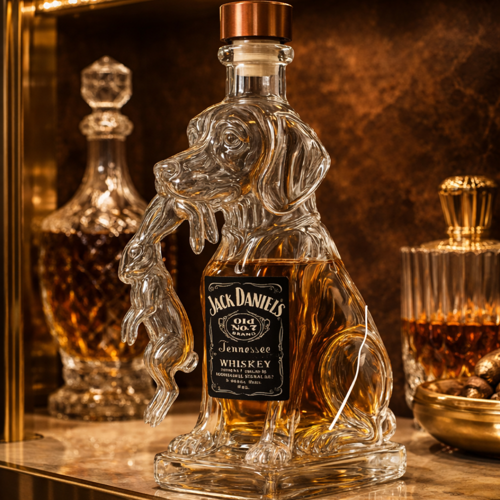Veda Bremen Hunde Edition whisky bottle featuring dog-themed artwork on a sleek glass bottle.