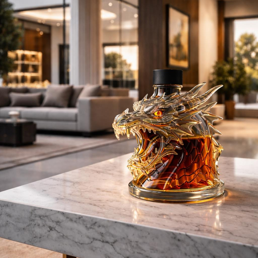Veda Bremen Drachen Edition whisky bottle with detailed dragon illustration on clear glass bottle.