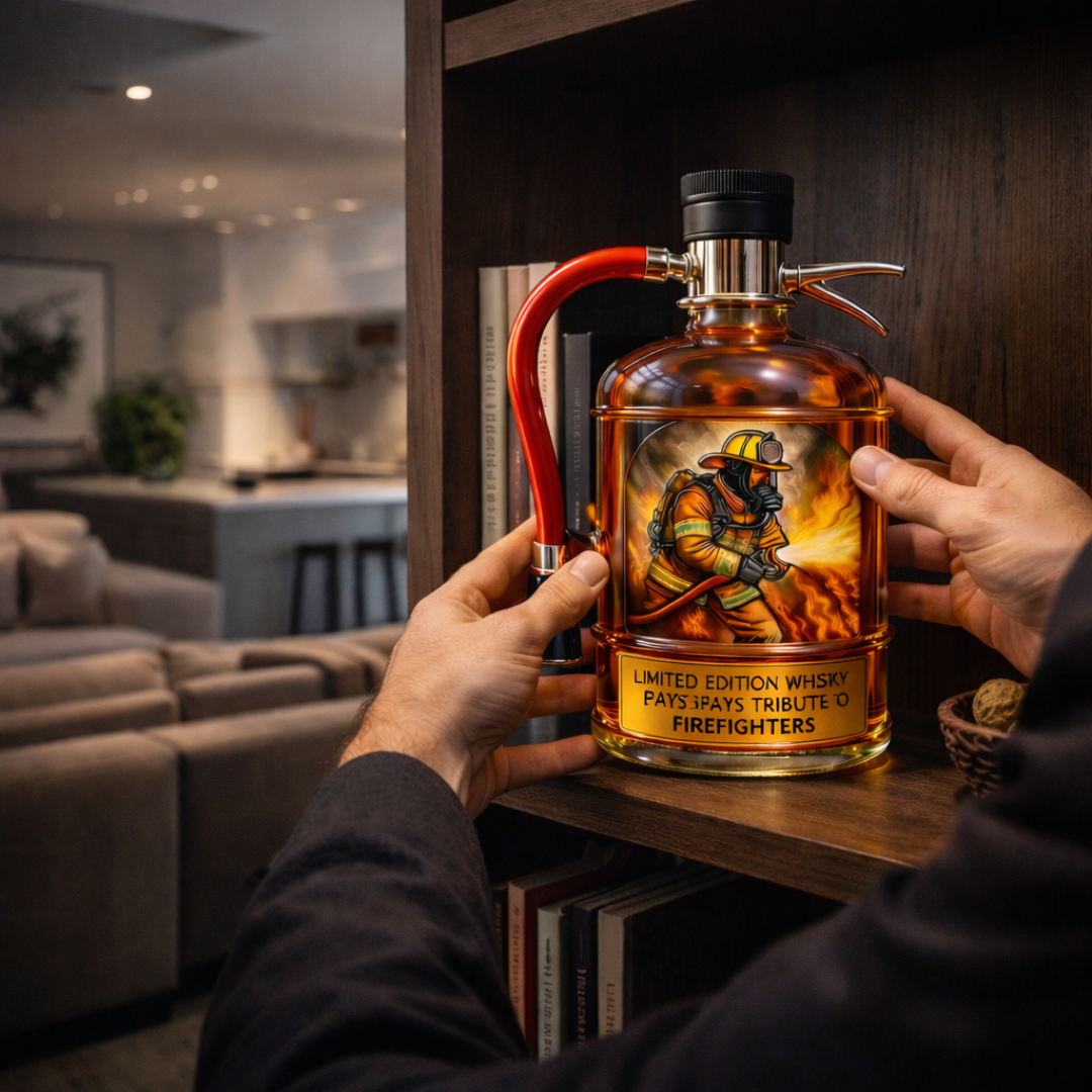 Veda Bremen Whisky Flasche in Feuerlöscher Edition, featuring a unique fire extinguisher-inspired design on a sleek bottle.