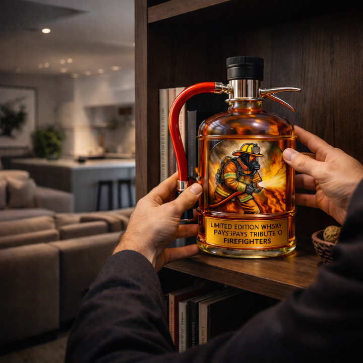 Veda Bremen Whisky Flasche in Feuerlöscher Edition, featuring a unique fire extinguisher-inspired design on a sleek bottle.