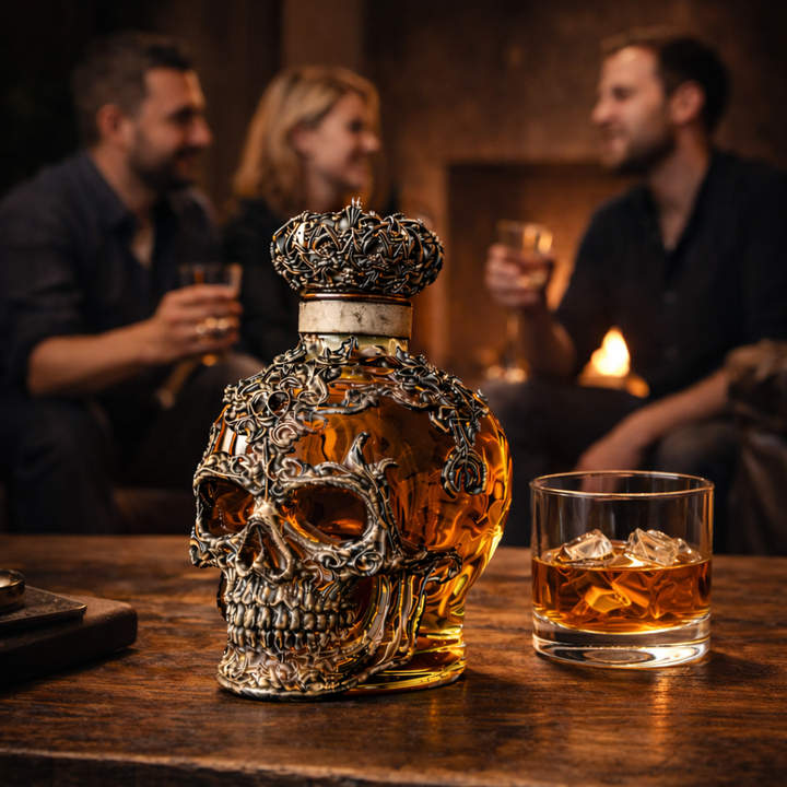 Veda Bremen whisky bottle with skull design, Totenschädel Edition, featuring dark glass and detailed skull artwork.