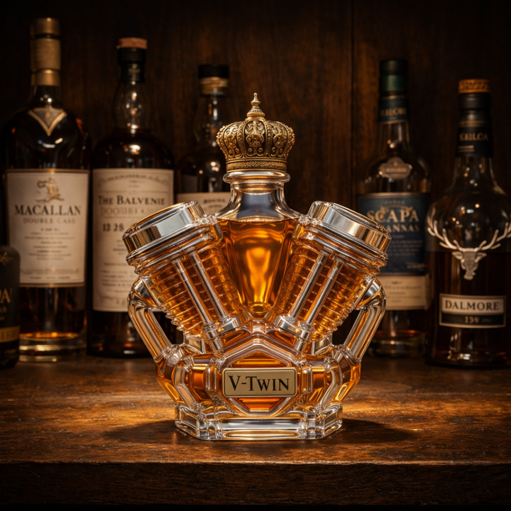 Veda Bremen Whisky Flachmann Edition V8 with engraved design, compact stainless steel hip flask for beverages.