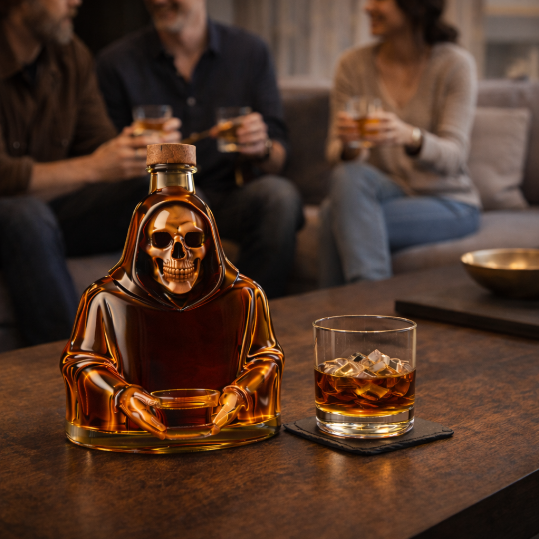 Veda Bremen Death Edition whisky bottle with dark label and intricate design, standing upright on a plain background.