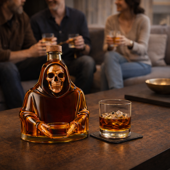 Veda Bremen Death Edition whisky bottle with dark label and intricate design, standing upright on a plain background.