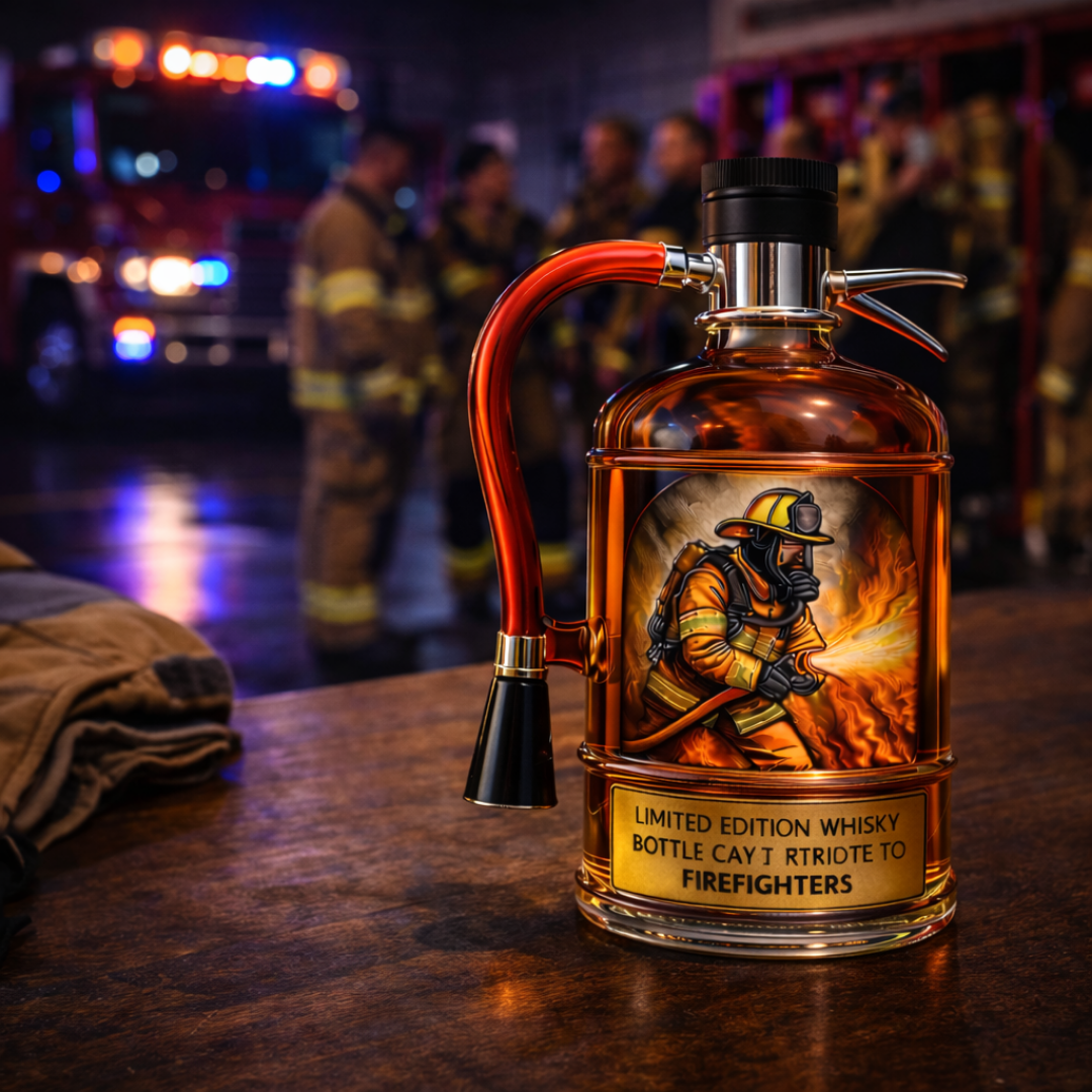 Veda Bremen Whisky Flasche in Feuerlöscher Edition, sleek glass bottle with fire extinguisher-inspired design.