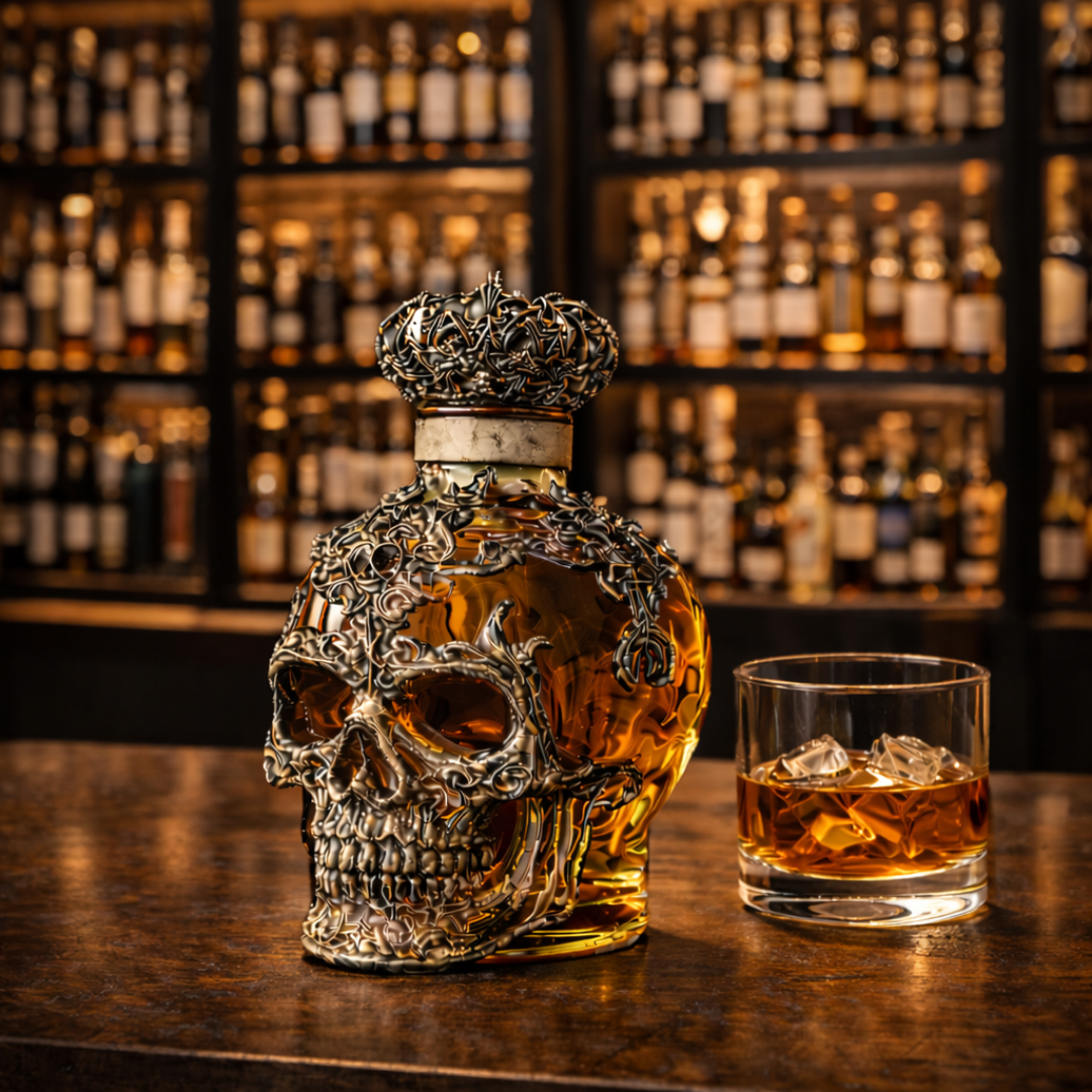 Veda Bremen whisky bottle featuring a skull-shaped design, labeled as the Totenschädel Edition with dark, artistic packaging.