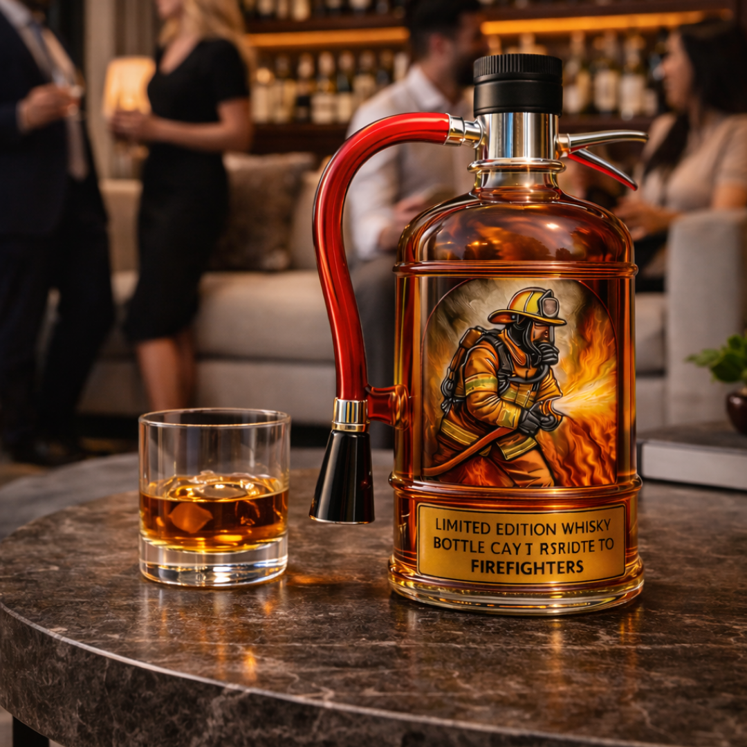 Veda Bremen Whisky Flasche Feuerlöscher Edition, black and silver design, with fire extinguisher-inspired label and branding.