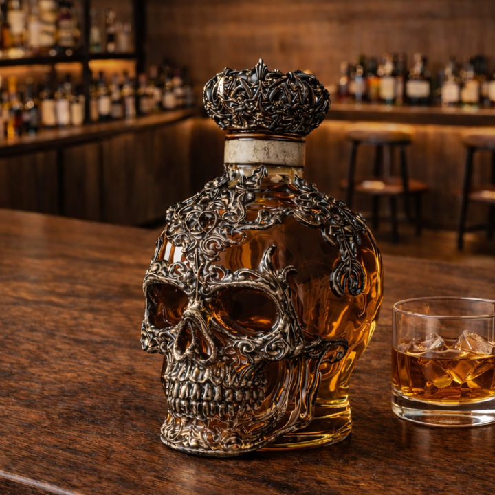 Veda Bremen whisky bottle with skull-shaped design, featuring the Totenschädel Edition in a sleek glass bottle.