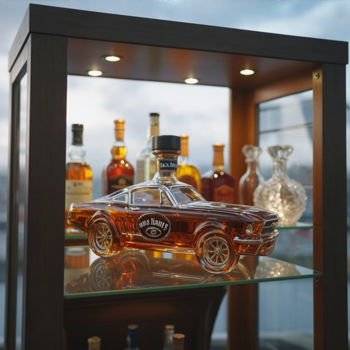 Veda Bremen Mustang Edition whisky flask with sleek metal design and vintage Mustang logo, perfect for on-the-go whisky storage.