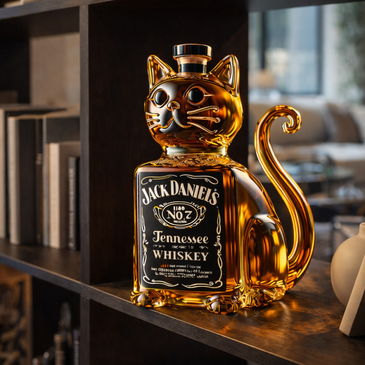 Veda Bremen Katzen Edition whisky bottle, clear glass with colorful cat-themed label, standing upright on a plain background.