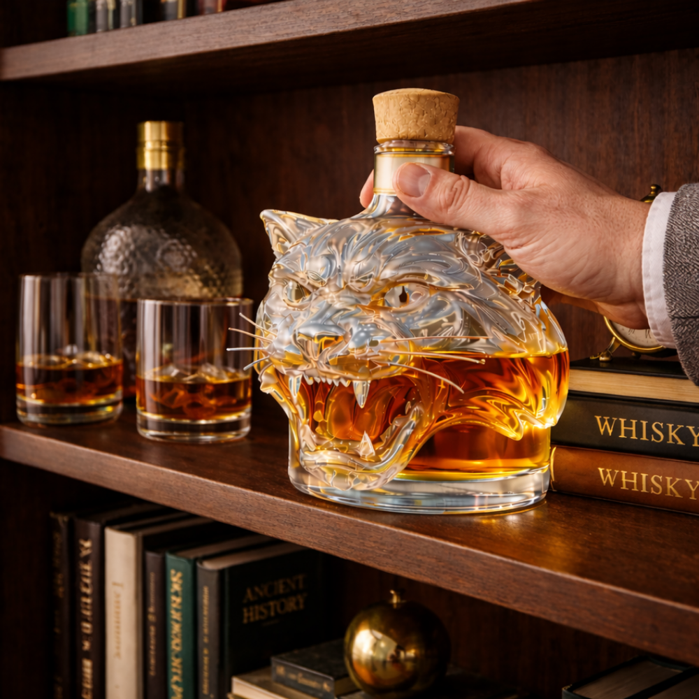 Veda Bremen Tiger Edition whisky bottle with distinctive tiger-themed label and elegant design on a white background.