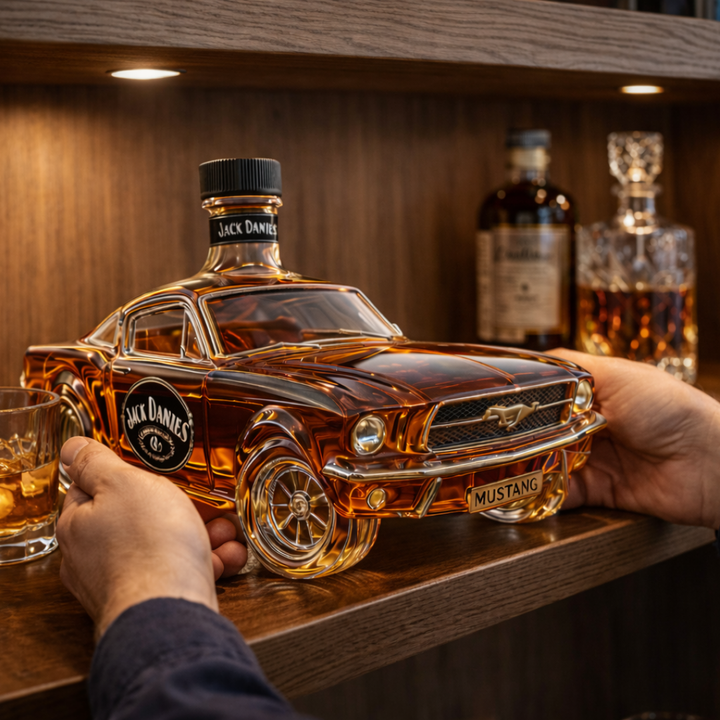Veda Bremen Mustang Edition whisky flask with a sleek design, featuring a metallic finish and detailed Mustang logo.
