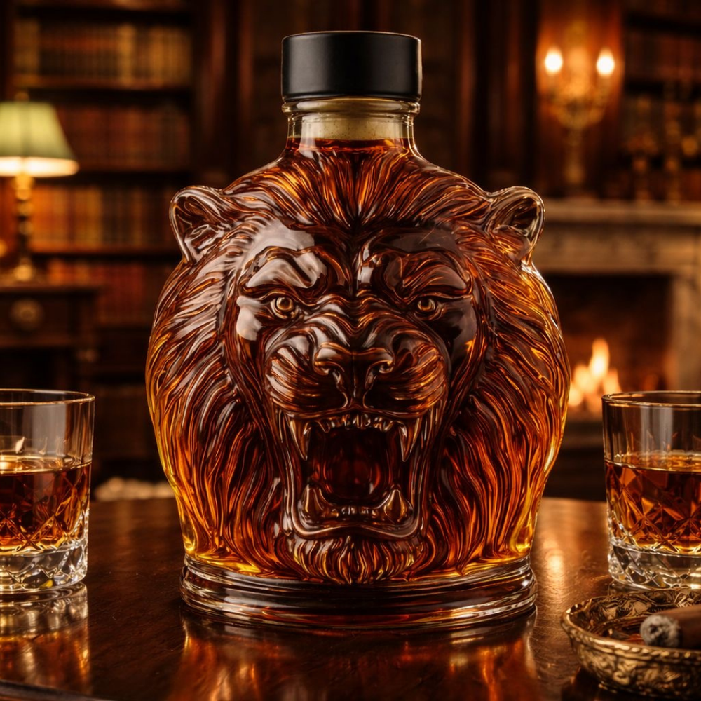 Veda Bremen Löwen Edition whisky bottle with a detailed lion illustration on the label.