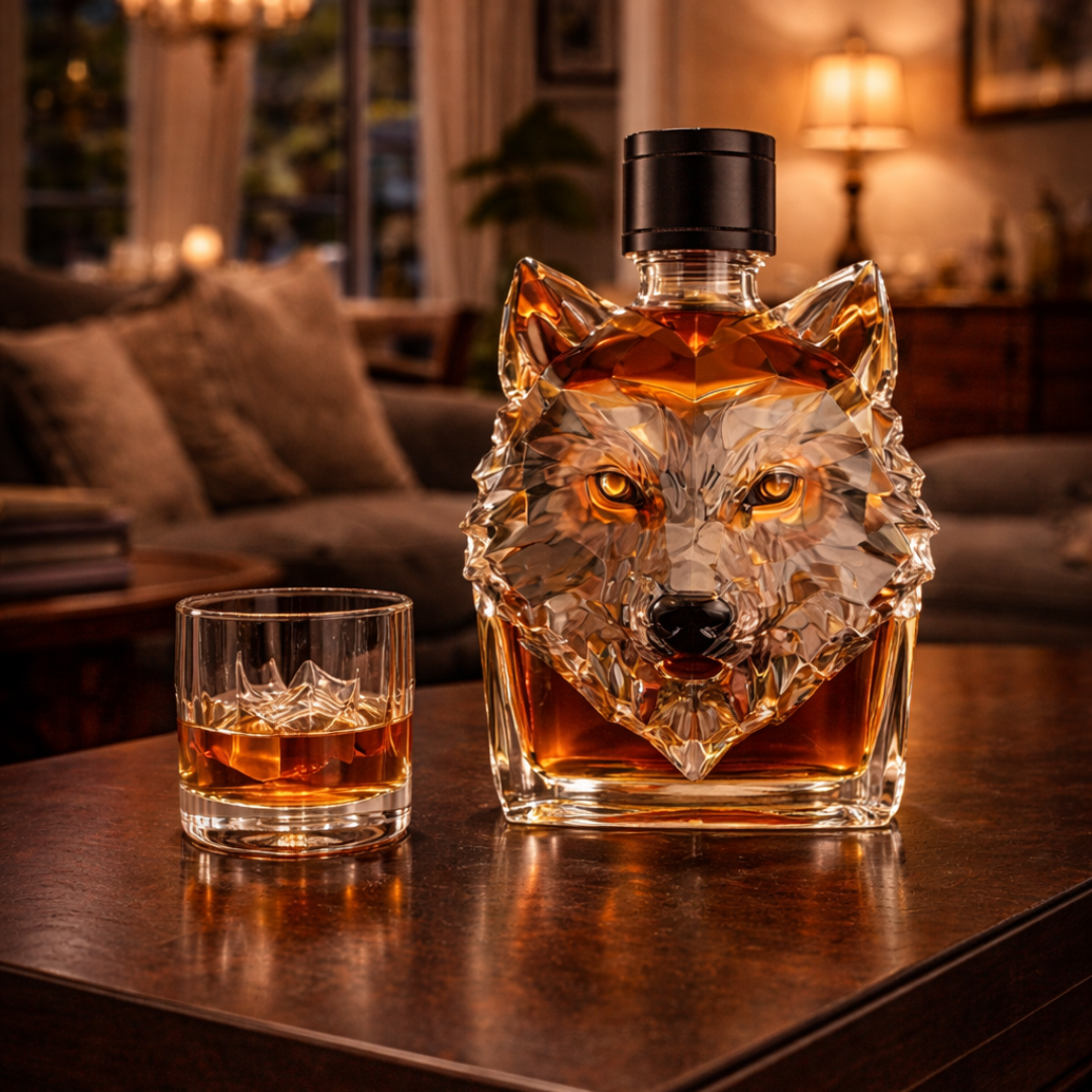 Veda Bremen Whisky Flasche Wolfs Edition, sleek glass bottle with wolf-themed design, showcasing elegant labeling on a white background.