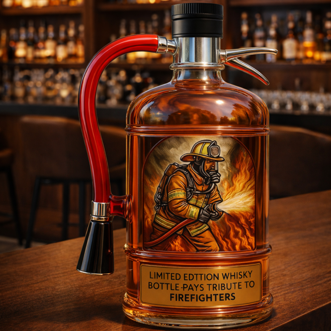 Veda Bremen Whisky Flasche Feuerlöscher Edition, stylish bottle design with fire extinguisher-inspired details, on white background.
