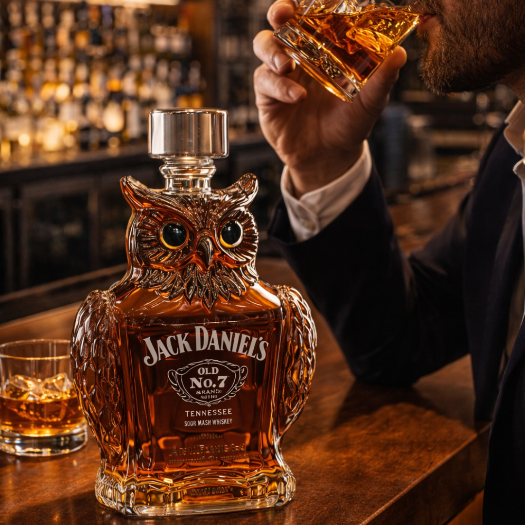 Veda Bremen Whisky Flasche Eulen Edition with detailed owl design on the label, elegant glass bottle for collectible or gift.