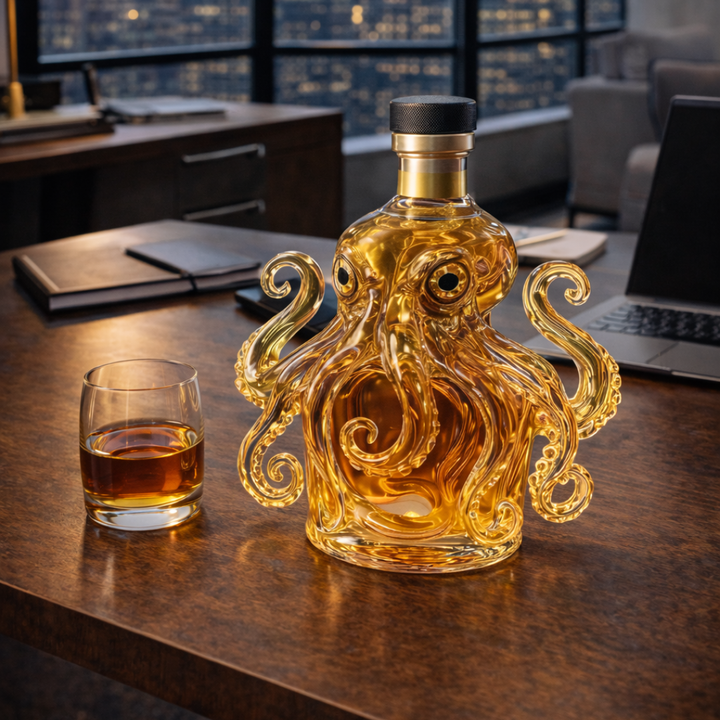 Veda Bremen Whisky Flasche Oktopus Edition with artistic octopus design on a clear glass bottle.