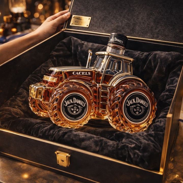 Veda Bremen Traktor Sonderedition whisky bottle, detailed close-up of the unique tractor-themed design on the bottle.