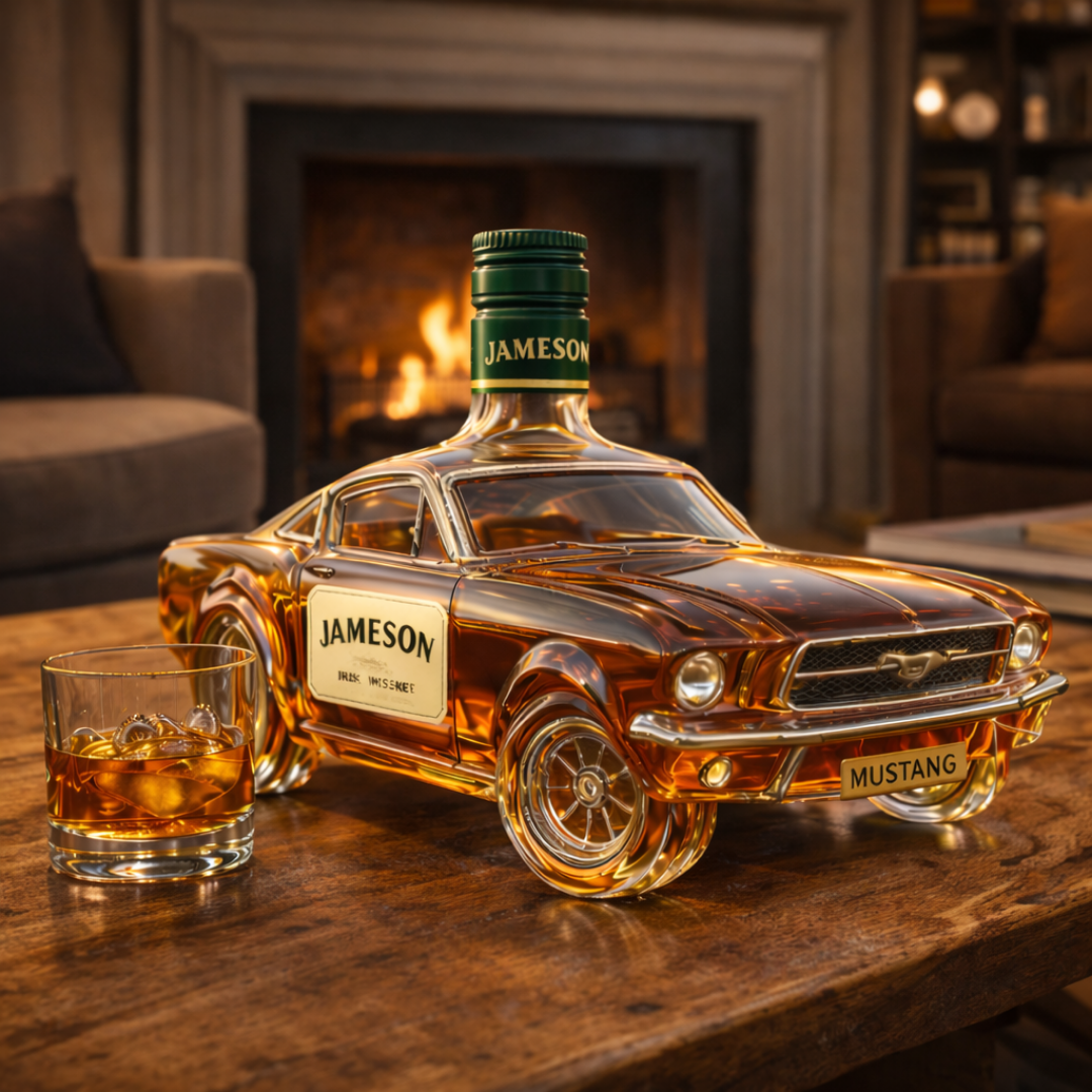 Veda Bremen Mustang Edition whisky flask with a sleek design, featuring a metallic finish and engraved Mustang logo.