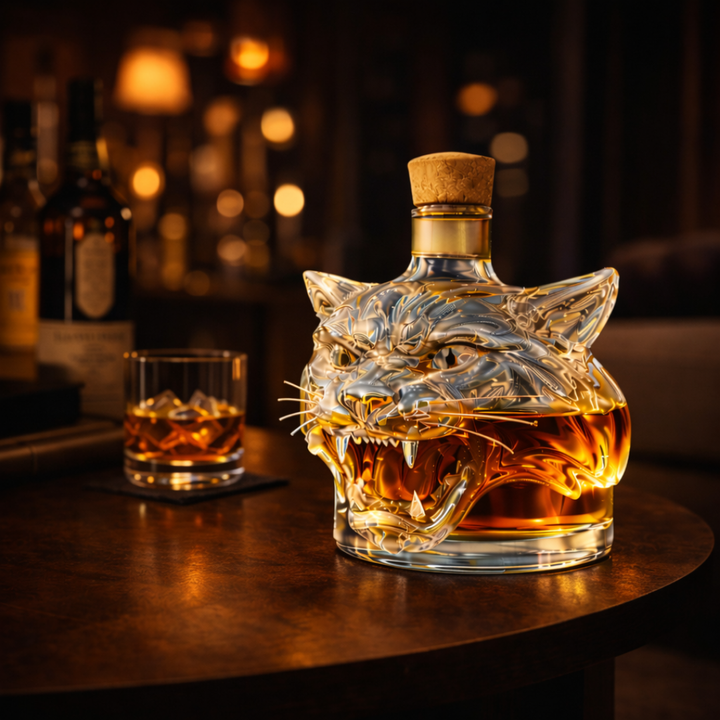 Veda Bremen Tiger Edition whisky bottle with distinctive tiger design label, displayed upright on a wooden surface.