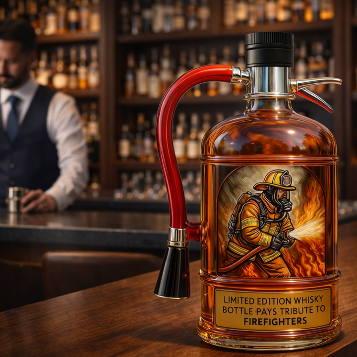Veda Bremen Whisky Flasche Feuerlöscher Edition, sleek design with label resembling a fire extinguisher, on a white background.