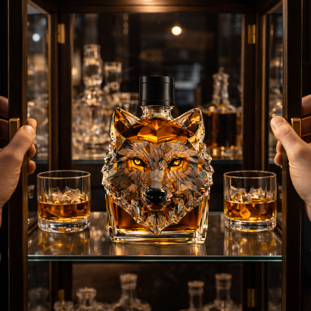 Veda Bremen Wolfs Edition whisky bottle with a detailed wolf illustration on the label and amber-colored liquid inside.