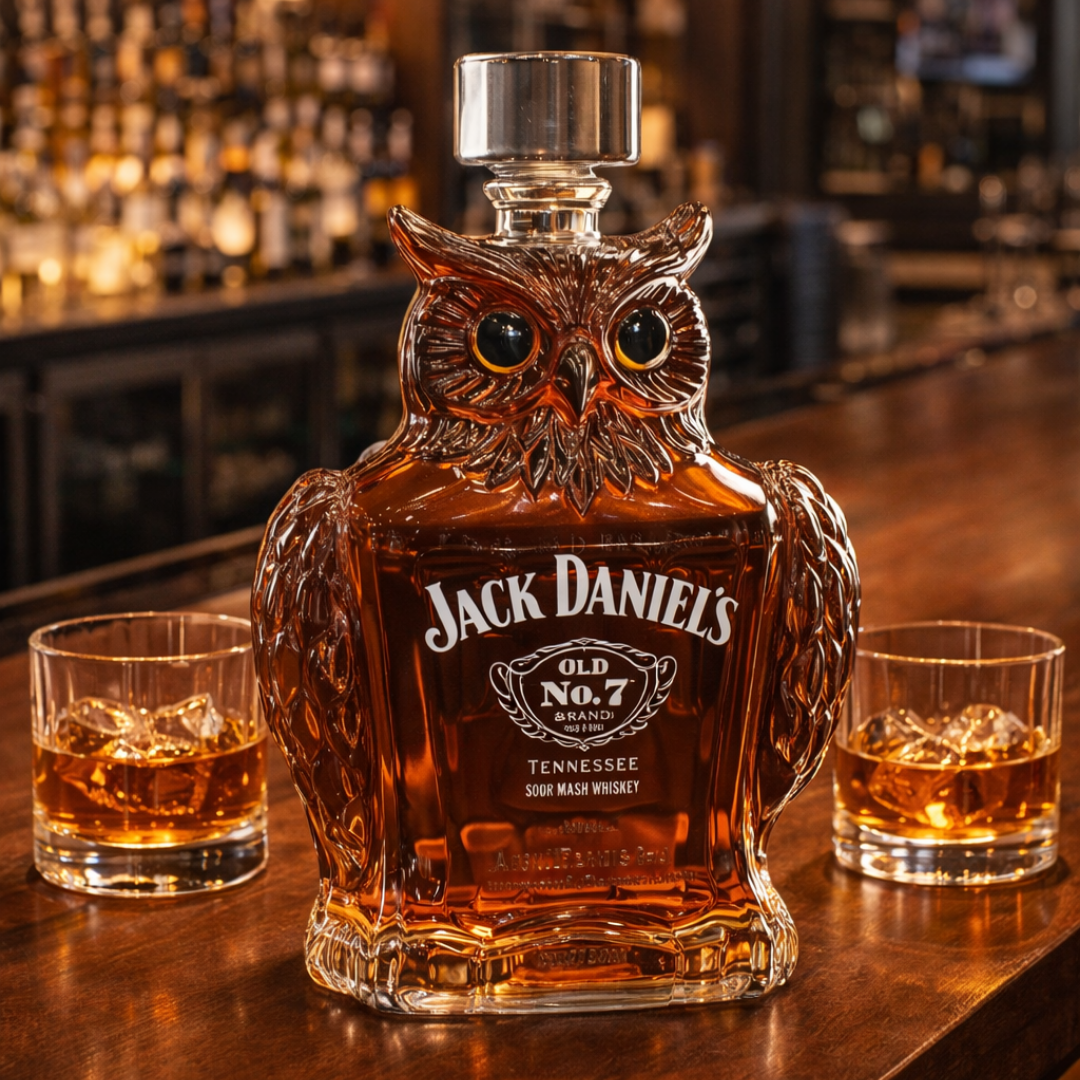 Veda Bremen Eulen Edition whisky bottle with owl design, featuring a clear glass bottle with detailed owl artwork and branding.