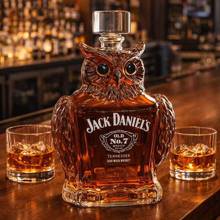 Veda Bremen Eulen Edition whisky bottle with owl design, featuring a clear glass bottle with detailed owl artwork and branding.