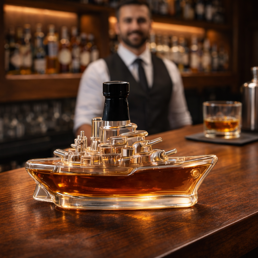 Veda Bremen Marine Edition whisky bottle with nautical label design on clear glass bottle, front view.