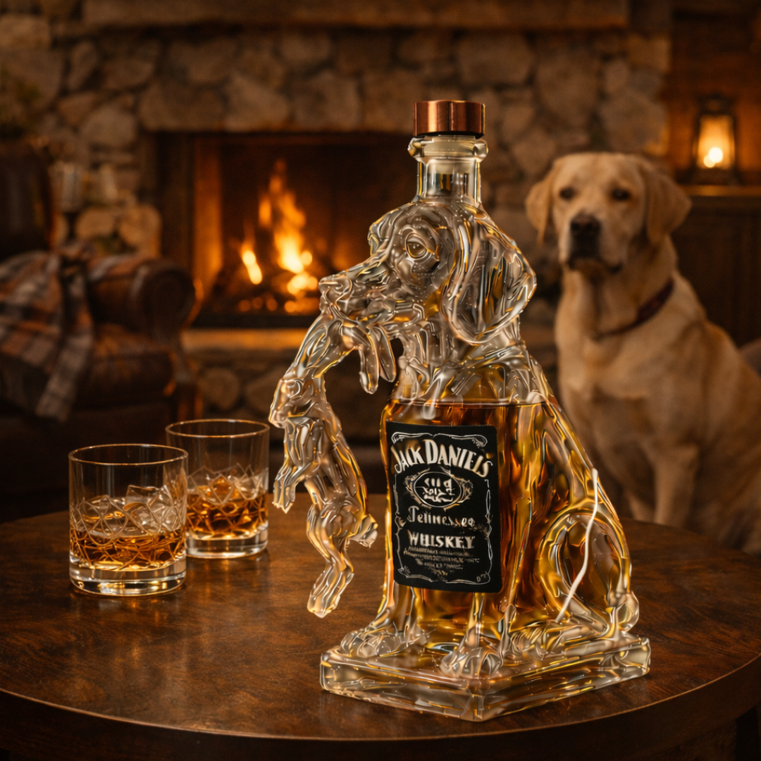Veda Bremen Hunde Edition whisky bottle featuring a playful dog-themed label on a clear glass bottle.