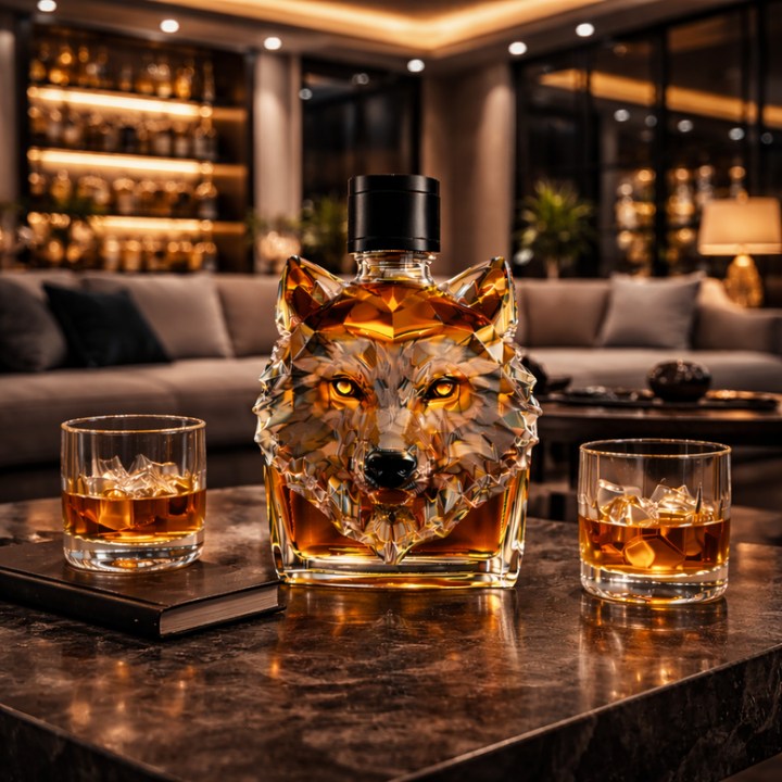 Veda Bremen Wolfs Edition whisky bottle with wolf-themed label and packaging, showcasing a sleek glass bottle on a white background.