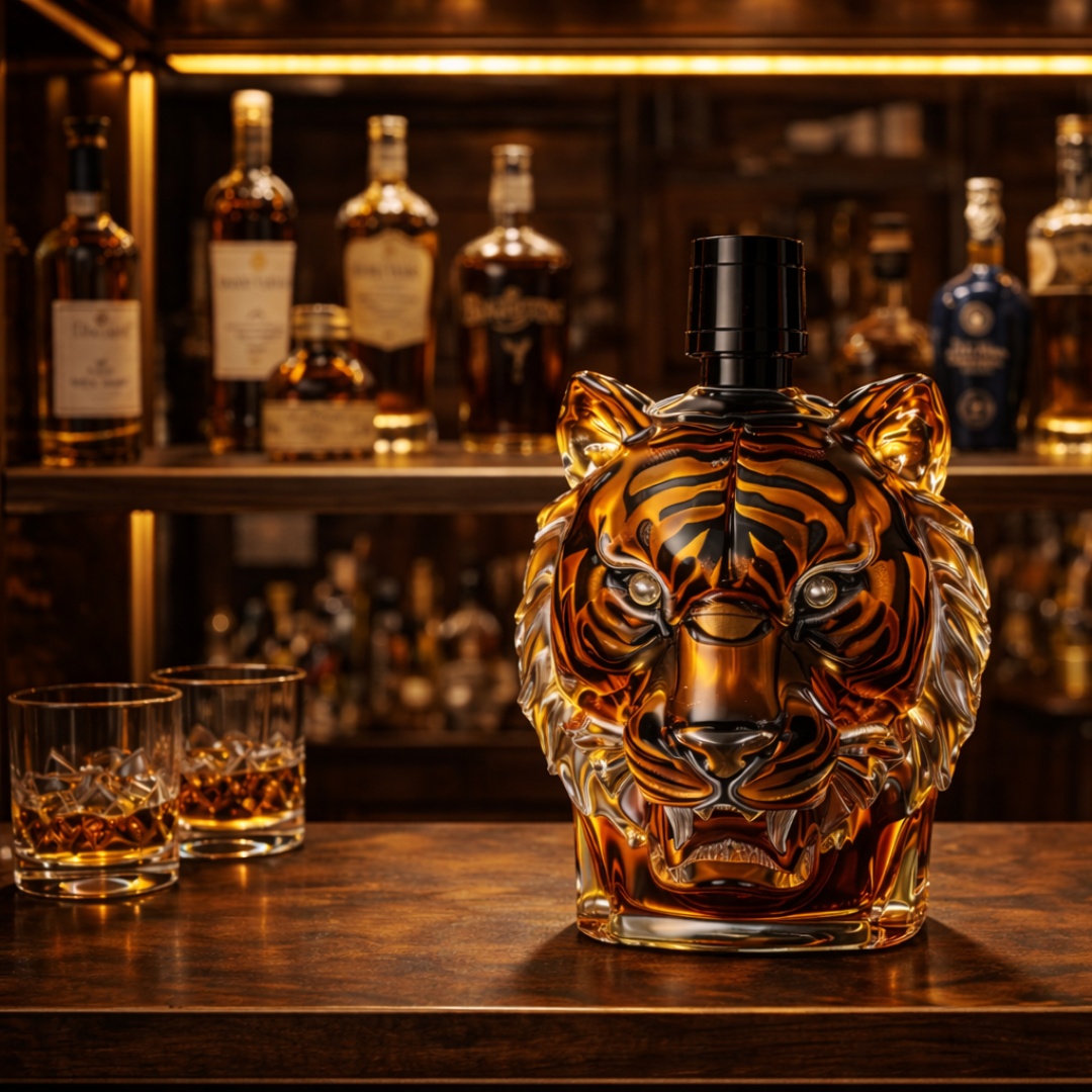 Veda Bremen Tiger Edition whisky bottle featuring a distinctive tiger-themed label, set against a dark background.