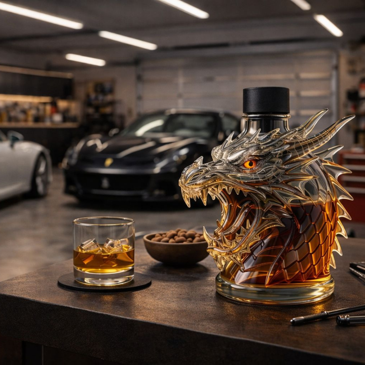 Veda Bremen Drachen Edition whisky bottle with intricate dragon design label on clear glass, showcasing the premium whisky inside.