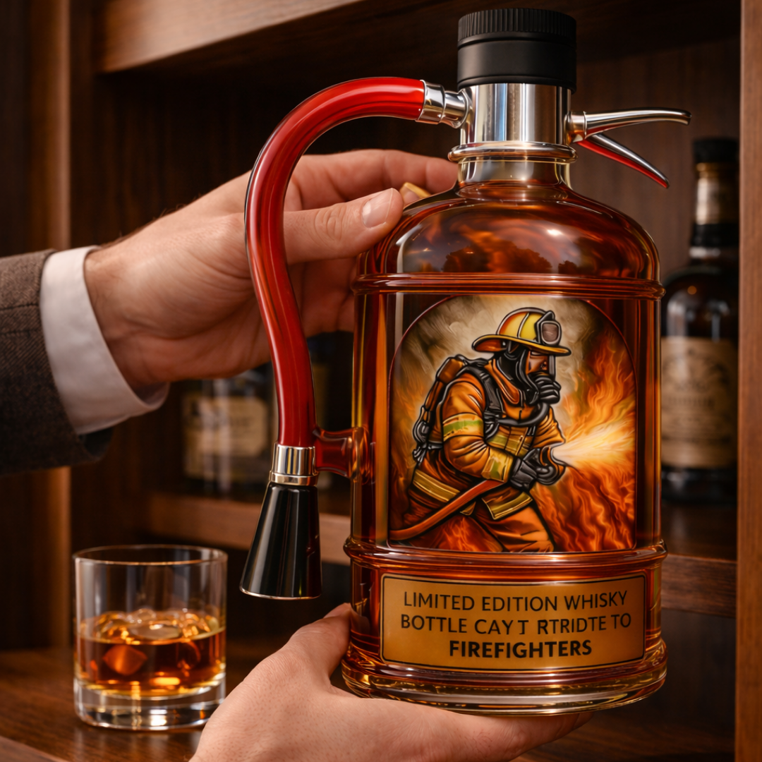 Veda Bremen Whisky Flasche Feuerlöscher Edition with firefighter-themed design, displayed upright on a plain background.